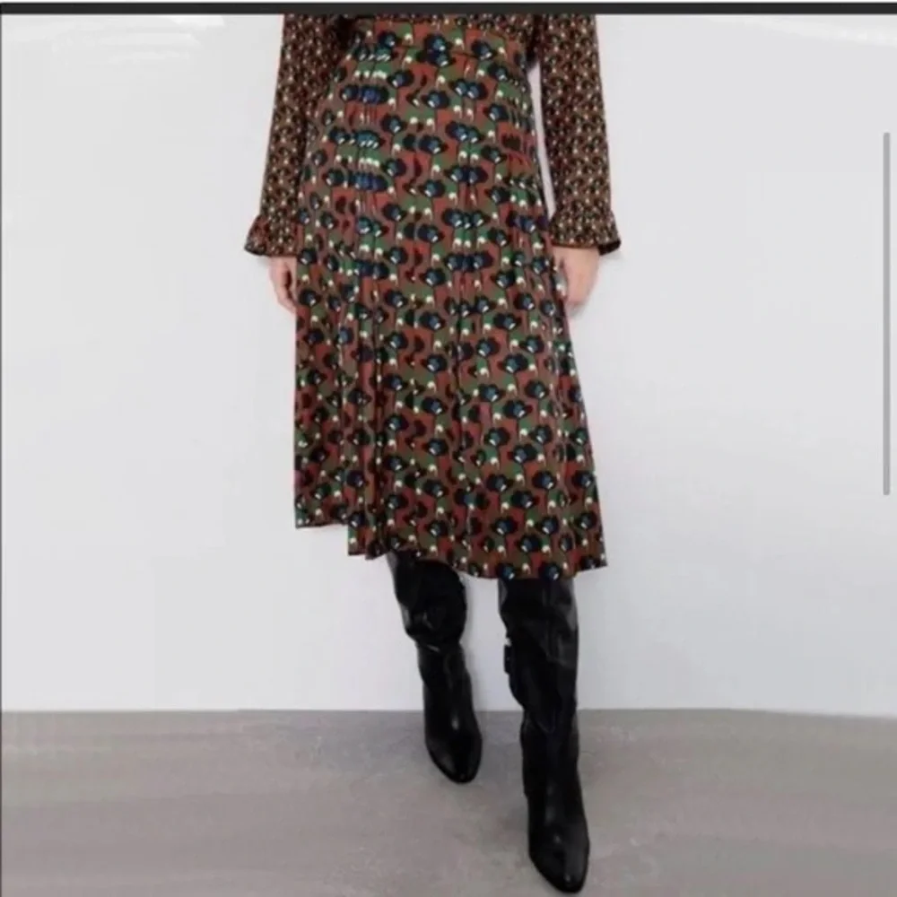 Zara Geometric Pleated Midi Skirt Brown Pattern Plus Size XXL - Picture 2 of 11